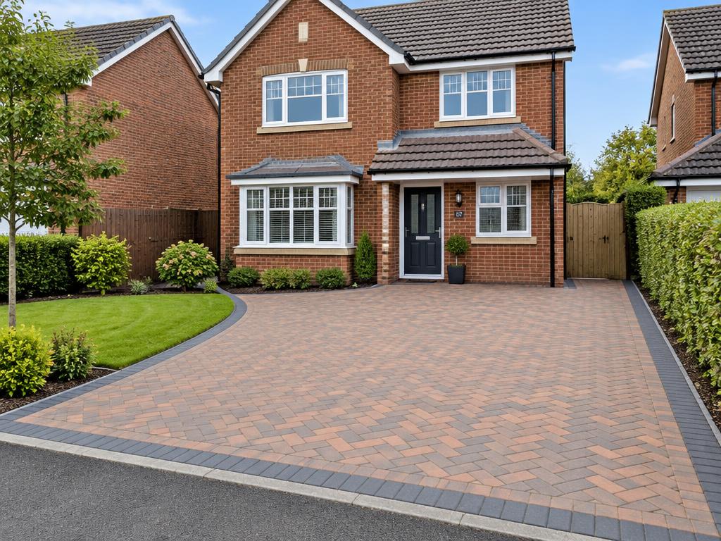 Herringbone block-paved driveway in front of a brick house