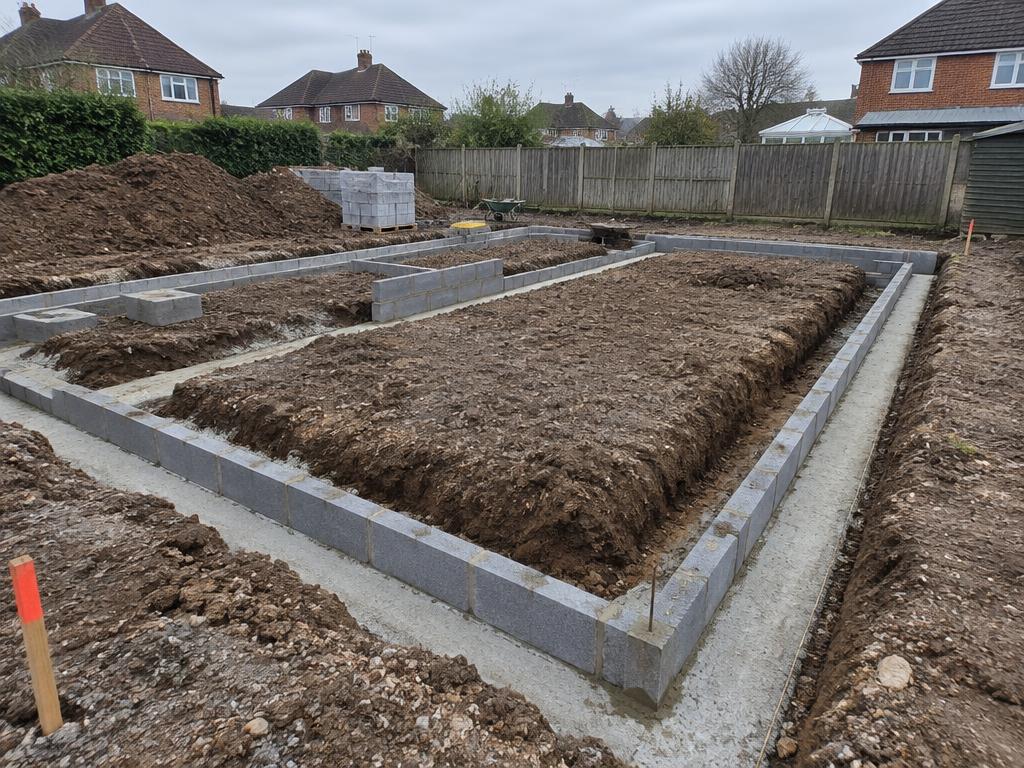 Concrete foundations and blockwork footings on a residential plot