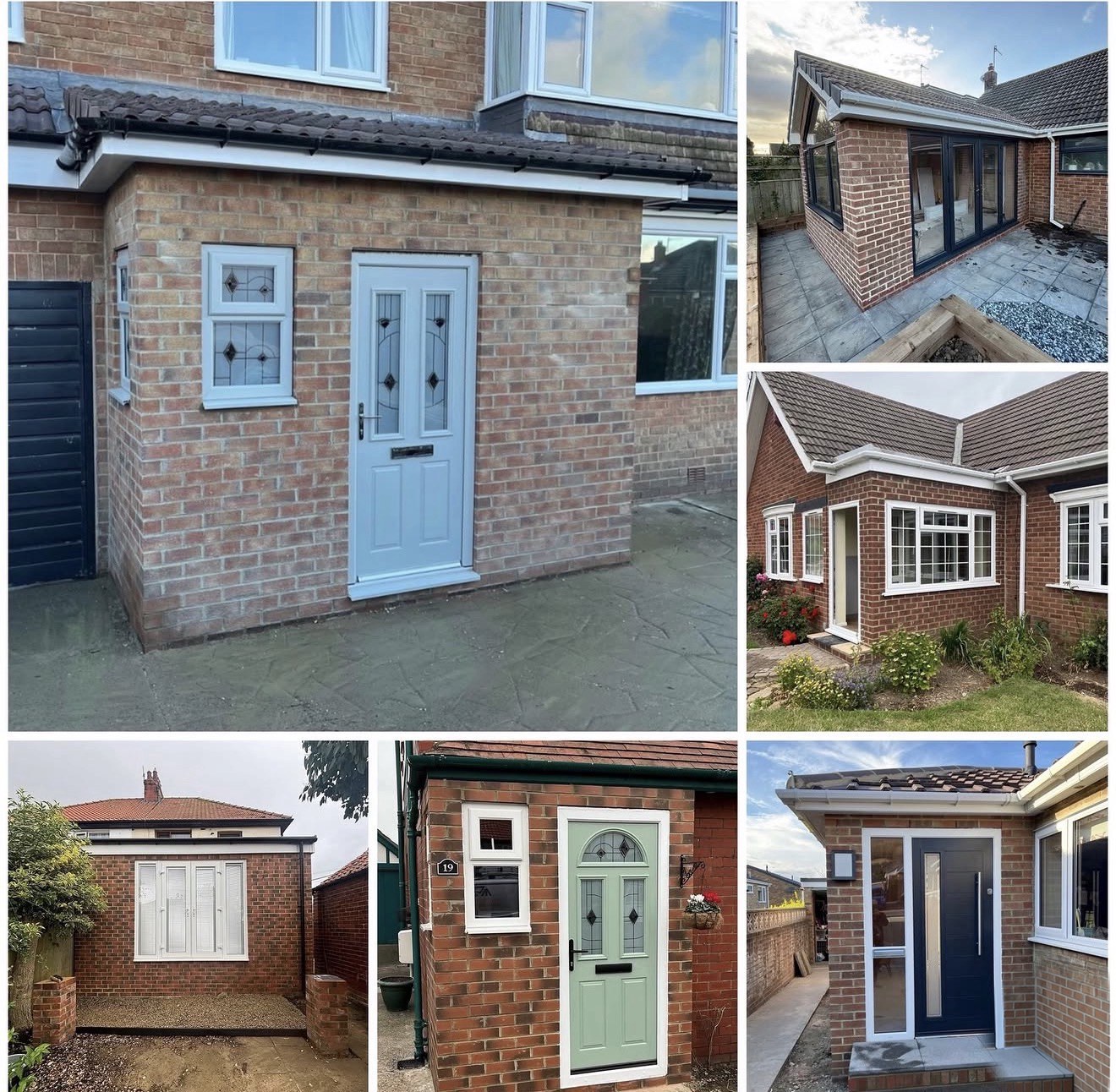 Six project photographs: brick porches with new doors, a rear extension with bifold doors and a brick outbuilding